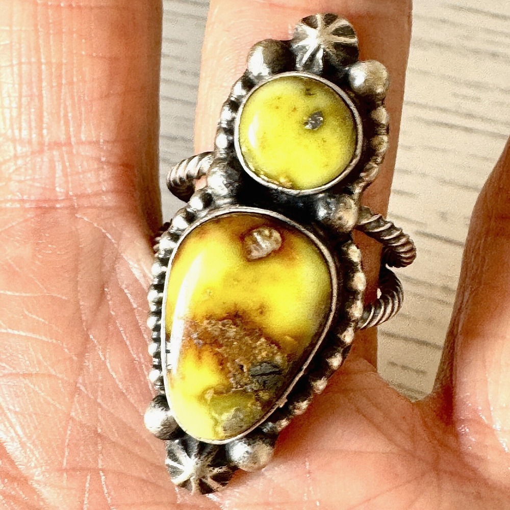 Long Navajo Palomino Turquoise Ring Sz 9 Signed Lorenzo Stars Two Stone Matte
